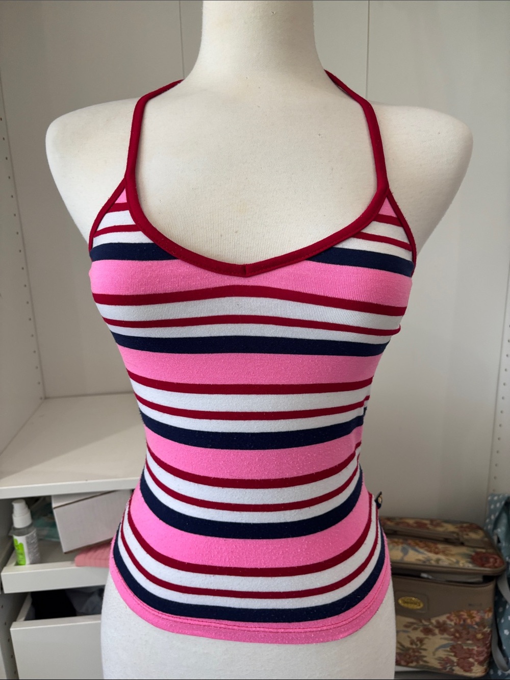 Striped Pink Navy Red Ribbed Spaghetti-Strap Crop Top
